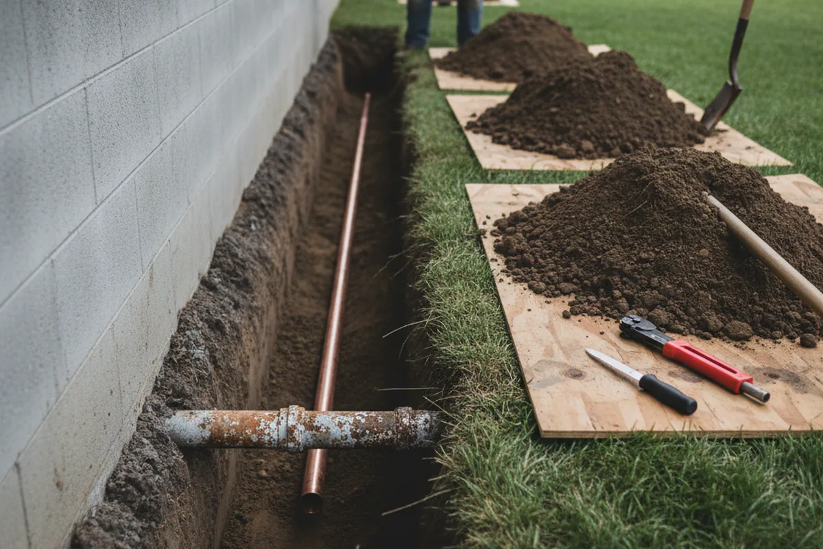 Excavated water line trench during Water Softener Installation in Depew